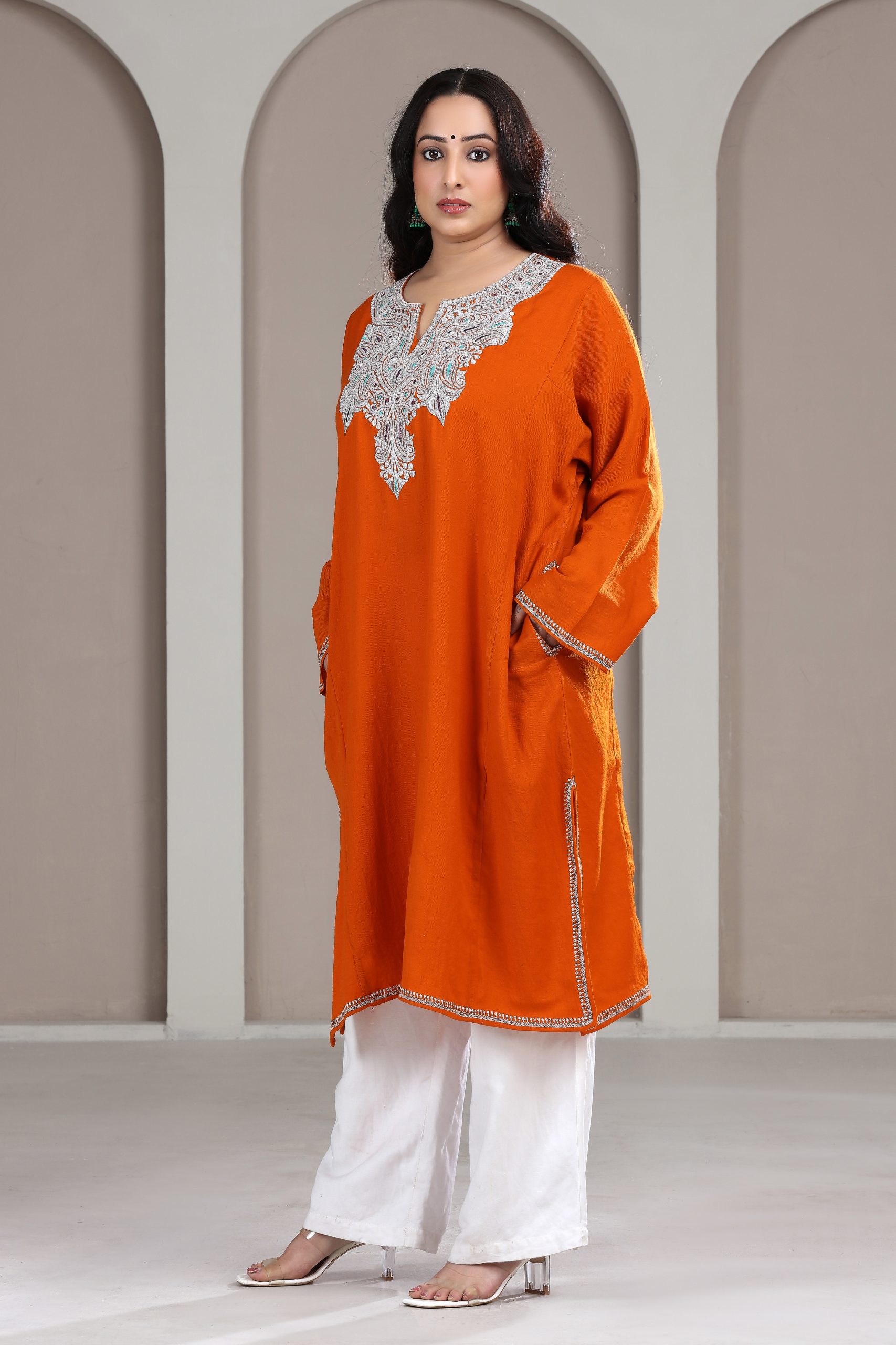 terracotta Kashmiri Woollen Pheran with Tila Work