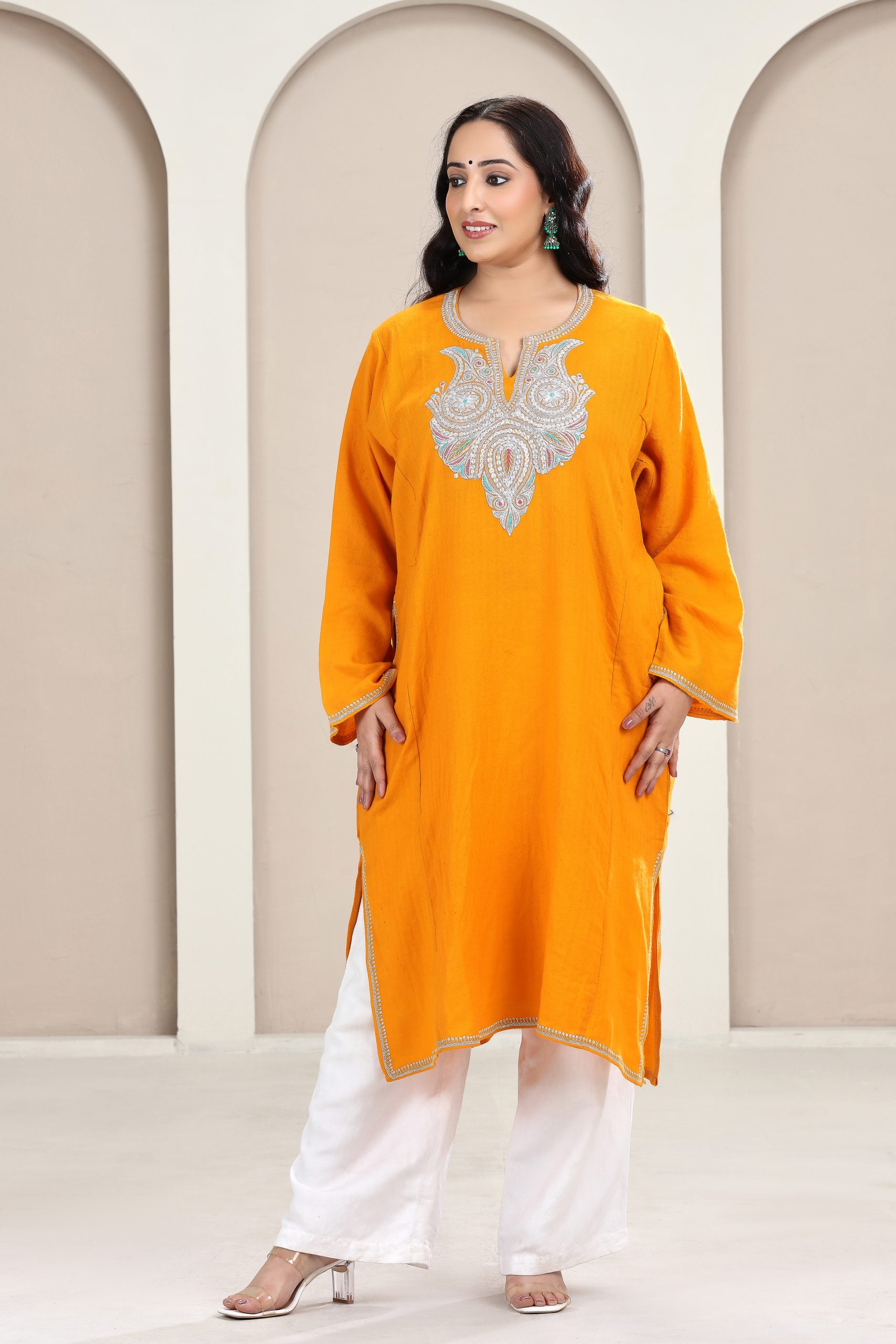 Orange Kashmiri Woollen Pheran with Tila Work