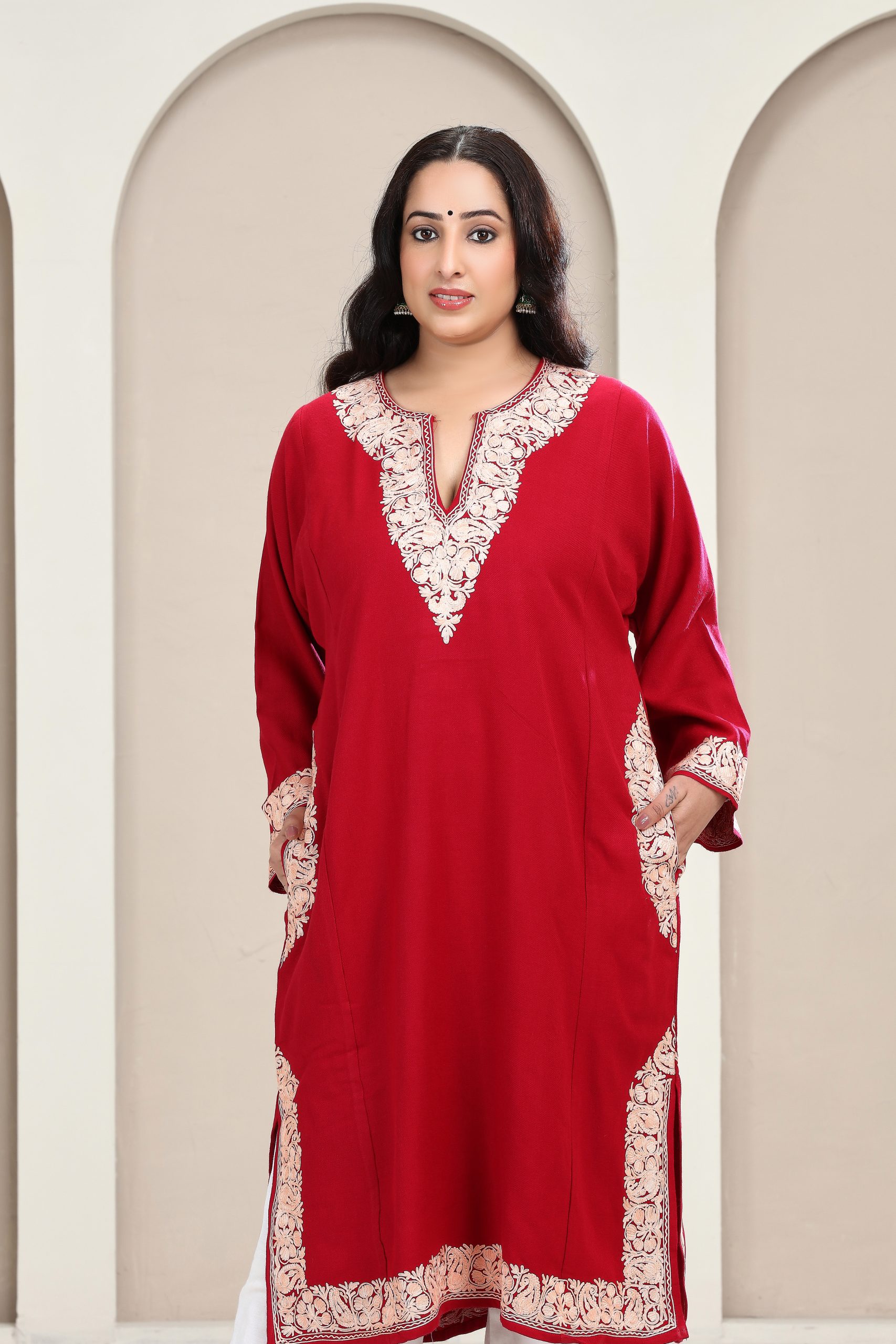 Red Kashmiri Woollen Pheran with Tila Work