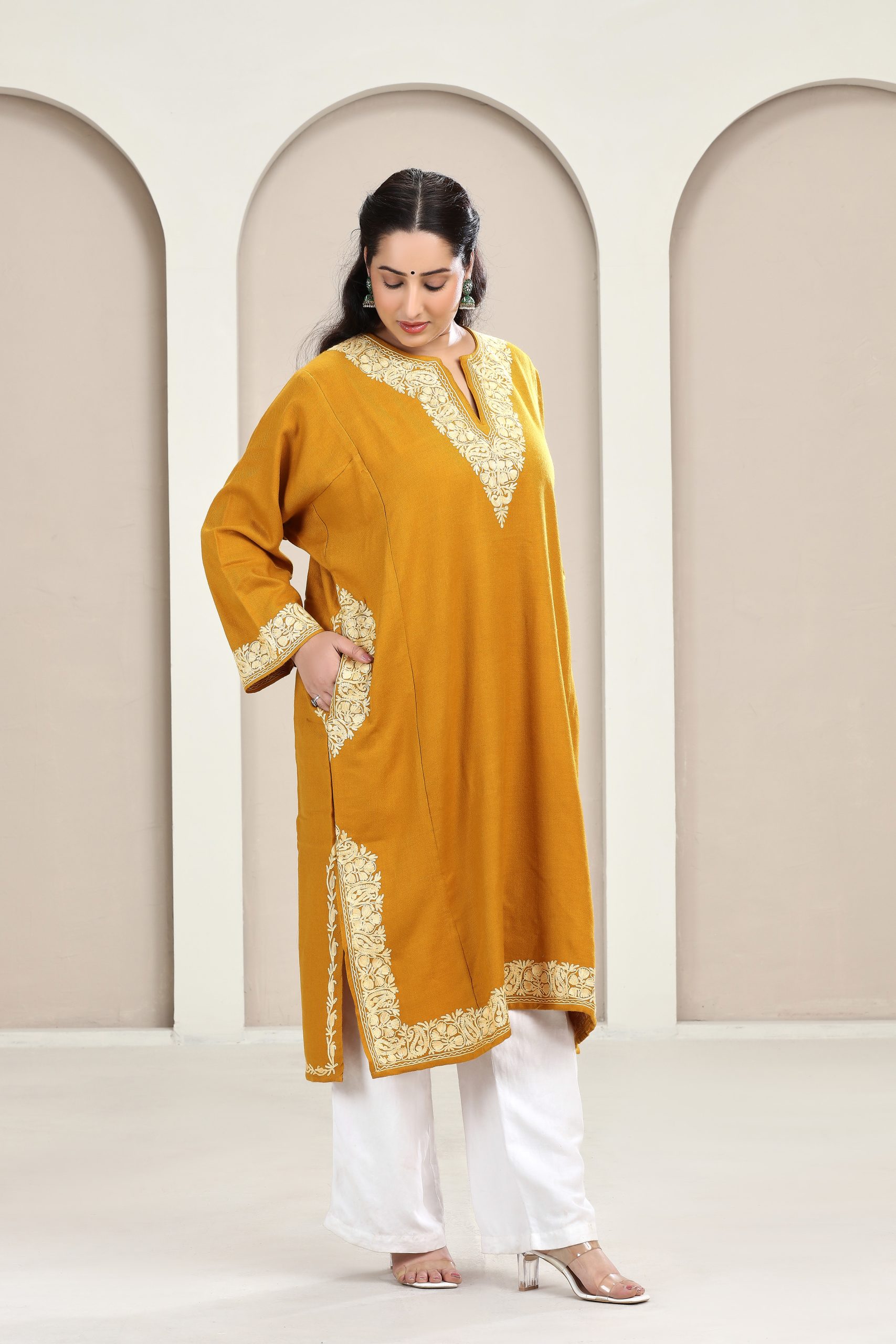 Mustard Yellow Kashmiri Woollen Pheran with Tila Work